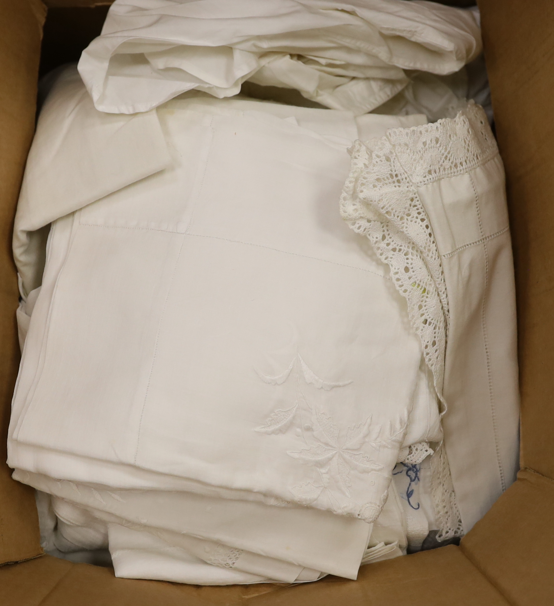 A quantity of embroidered crochet edged table cloths, runners, damask towels and napkins, and a Victorian style gentleman's bed shirt, etc.